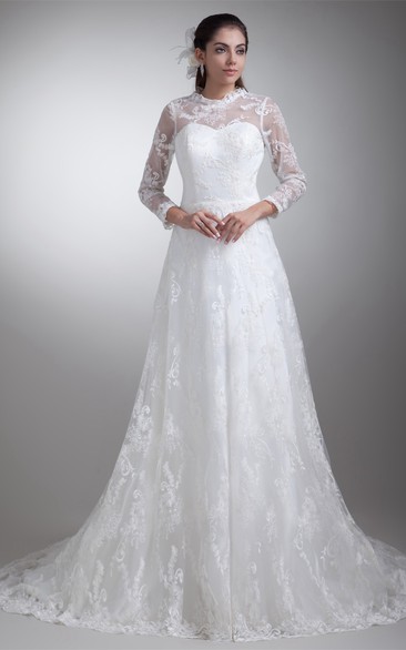 Lace A-Line High-Neck Dress With Illusion Long Sleeve