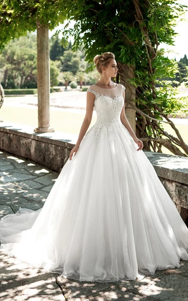 A-Line Long Scoop-Neck Cap-Sleeve Keyhole Tulle Dress With Appliques And Beading