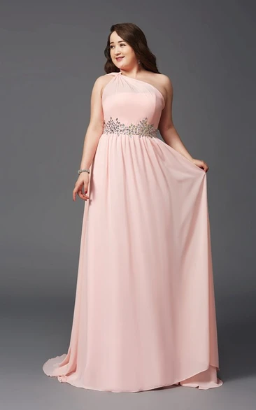 Sheath Floor-length One-shoulder Sleeveless Chiffon Waist Jewellery Pleats Straps Dress