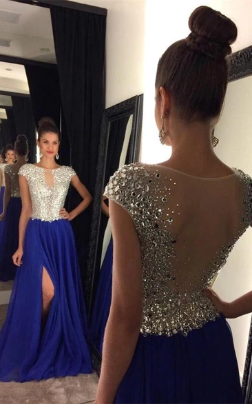 Stunning Cap Sleeve Royal Blue Prom Dresses Long Chiffon With Crystals