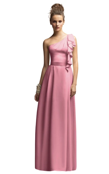 Long Chiffon One-Shoulder Dress With Satin Sash