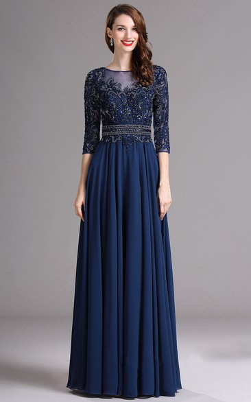 A-Line Bateau 3 Chiffon Appliques Illusion Dress