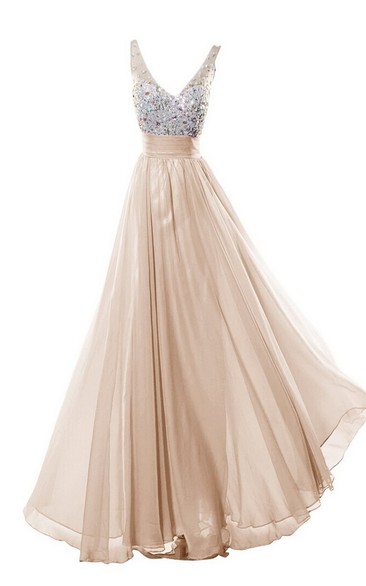 Sleeveless V-neck Long Dress With Rhinestone Bodice