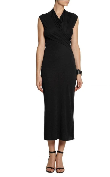 V Neck Cap Sleeve Sheath Jersey Tea Length Dress With Ruching