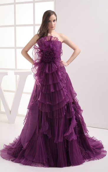 Floral A-Line Ruched Sweep Train and Gown With Tiers