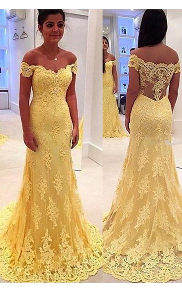 Modern Yellow Lace Appliques Evening Dress Mermaid Off-the-shoulder