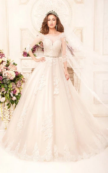 Ball Gown Long Scoop 3-4-Sleeve Illusion Lace Dress With Appliques And Waist Jewellery