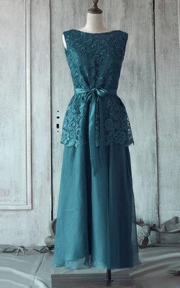 Bateau Sleeveless A-line Pleated Chiffon Tea Length Dress Lace Top Satin Sash