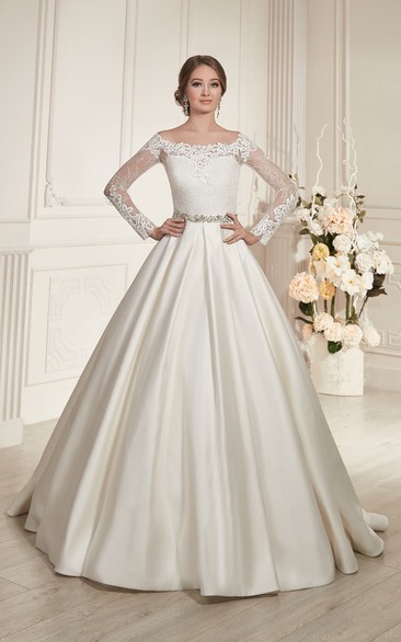 A-Line Floor-Length Bateau-Neck Illusion-Sleeve Illusion Satin Dress With Beading And Pleatings