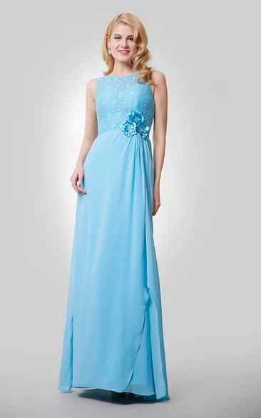 A-Line Chiffon Sleeveless Dress With Lace Bodice and Beaded Flowers