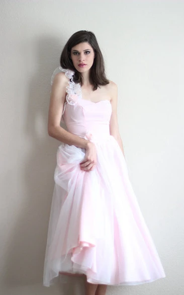 Angelic One-shoulder Tea-length A-line Tulle Dress With Flowers
