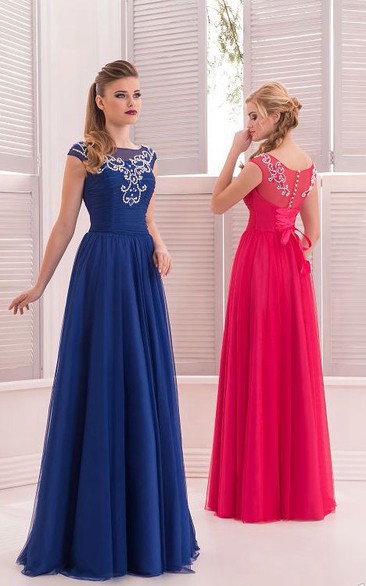 A-Line Floor-Length Sweep Bateau Short Sleeve Chiffon Beading Ruching Lace-Up Dress