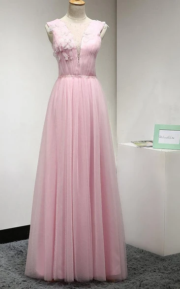 Illusion Jewel Neckline Pleated A-line Tulle Floor Length Dress With Flowers