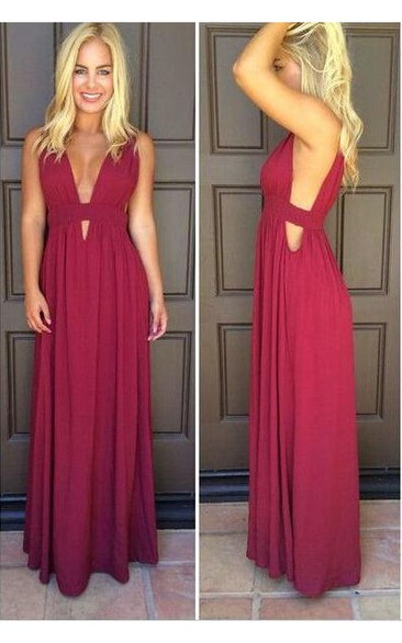 Beautiful Sleeveless Burgundy Prom Dresses Long Chiffon