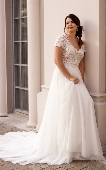 Casual A Line Bateau Lace Court Train Wedding Dress with Ruching