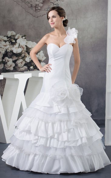 One-Shoulder A-Line Sweetheart Tiers and Gown With Flower
