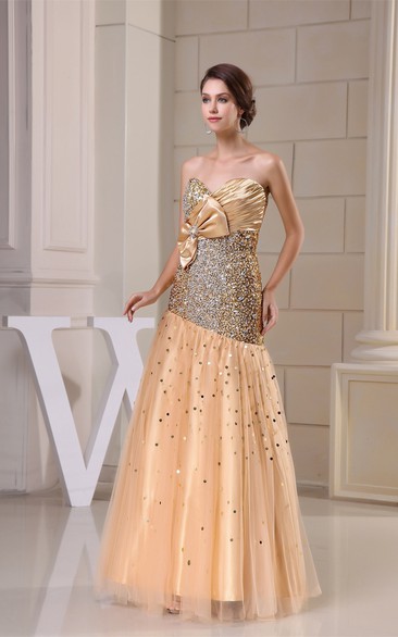 Glamorous Ruched Tulle Sweetheart Crystal Detailing and Dress With Bow