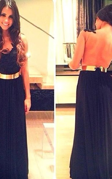 Sweetheart Blue Vestidos Chiffon Evening Dress Navy Tulle Prom Gowns With Gold Belt