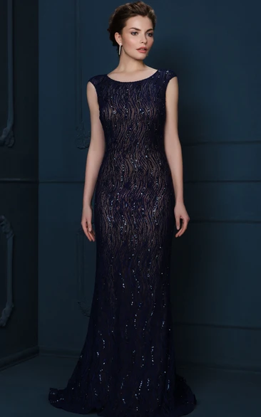 Sheath Sequined Cap-Sleeve Scoop-Neck Long Evening Dress