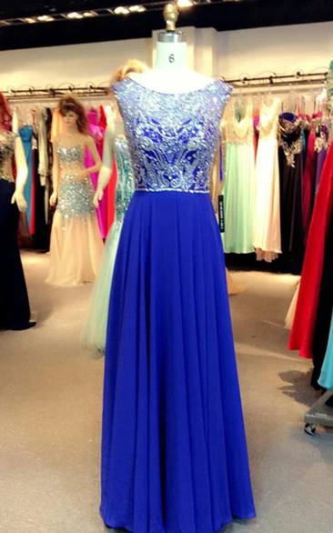 A-line Short Sleeves Bateau Floor-Length Chiffon Sequins Dresses