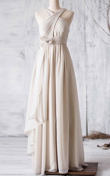 Criss Cross Top V Back A-line Pleated Chiffon Long Dress With Side Drop