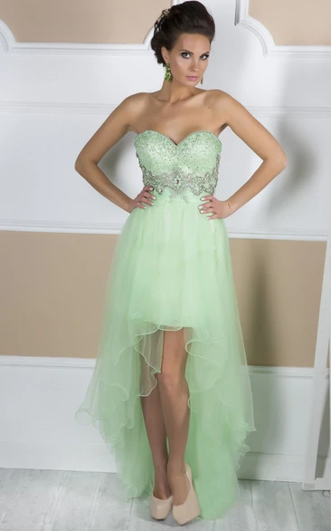 A-Line High-Low Asymmetrical Train Sweetheart Sleeveless Tulle Beading Ruffles Backless Dress