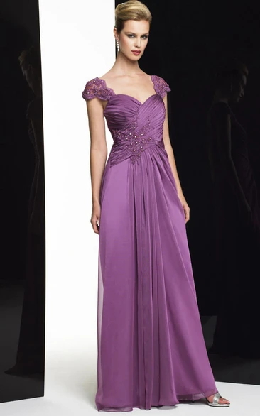 Sheath Cap-Sleeve Criss-Cross Long Sweetheart Satin Chiffon Formal Dress With Beading