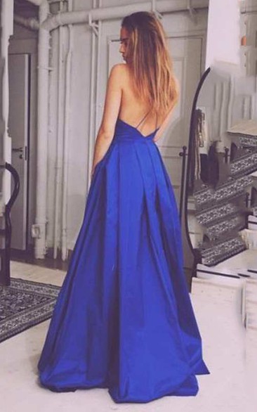 Spaghetti Strap Low V Neck A-line Pleated Long Satin Dress