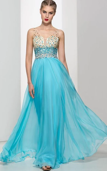 Straps Beading Crystal Open Back Long Prom Dress