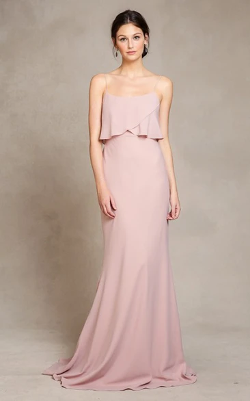 Floor-Length Sleeveless Spaghetti Chiffon Bridesmaid Dress With Brush Train