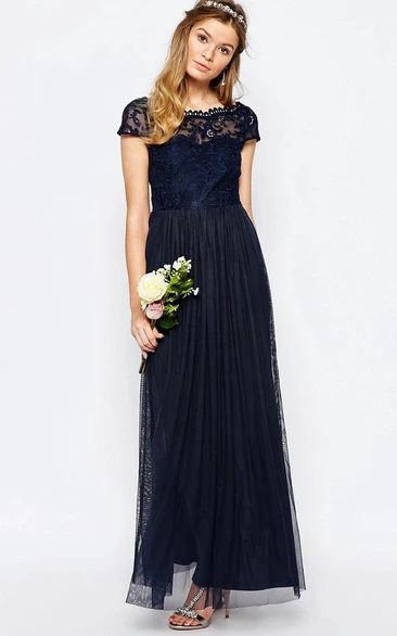 A-Line Appliqued Bateau-Neck Floor-Length Short-Sleeve Chiffon Bridesmaid Dress With Pleats