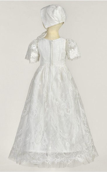 Illusion Puff Sleeve Lace Christening Gown With Zipper Back