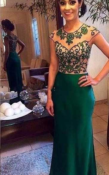Modern Beadings Mermaid Green Evening Dress Cap Sleeve Floor-length