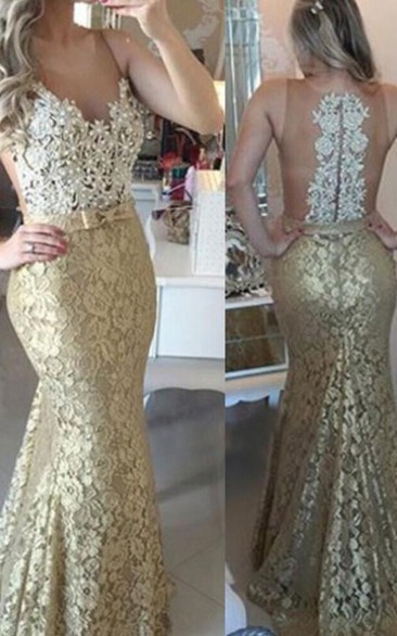 Mermaid Scoop Sleeveless Lace Applique Floor-Length Dresses