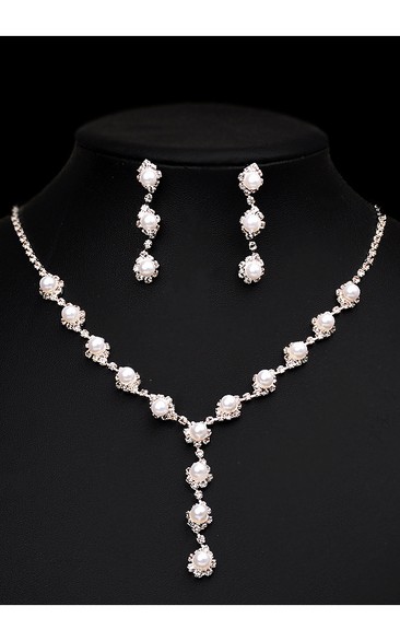 Special Bridal Pearl Design Rhinestone Necklace and Earrings Jewelry Set