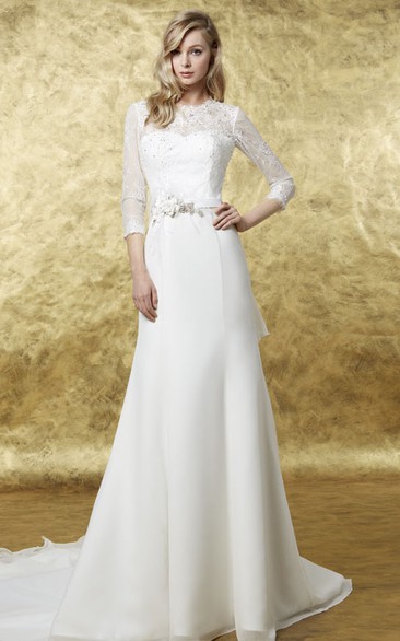 A-Line 3-4 Sleeve High Neck Floral Chiffon Wedding Dress