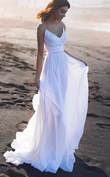 Sexy A Line Spaghetti Chiffon Floor-length Chapel Train Deep-V Back Wedding Dress