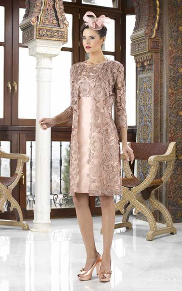 Knee-Length 3-4 Sleeve Bateau Neck Appliqued Satin Mother Of The Bride Dress