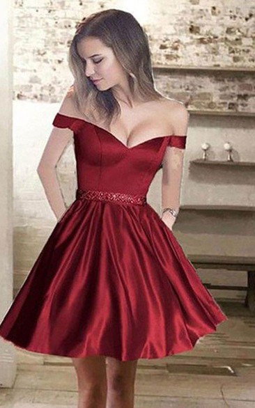 A-line Sleeveless Satin Off-the-shoulder Short Mini Homecoming Dress