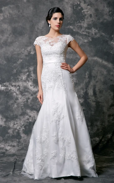 Cap Sleeve High Neck Beaded Lace Wedding Dress