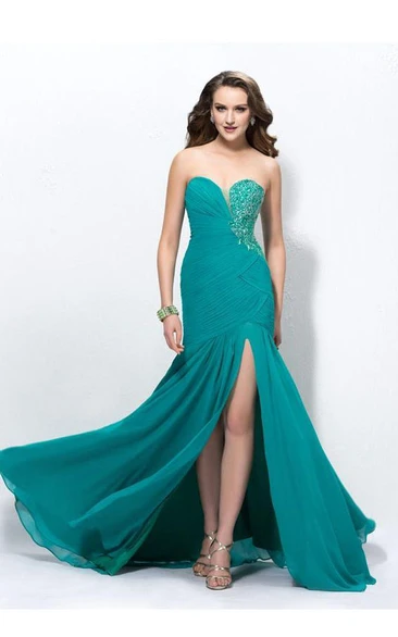 Superb Sweetheart Trumpet Beading Split-Front Ruched Prom Dress