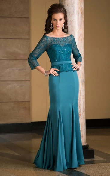 3-4 Sleeved Mermaid Mother Of The Bride Dress With Jewels And Pleats