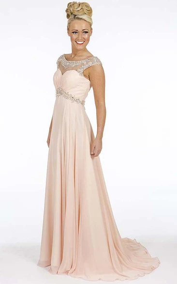 A-Line Empire Scoop Floor-Length Cap-Sleeve Beaded Chiffon Prom Dress With Waist Jewellery And Ruching