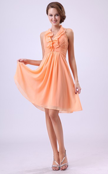 Chiffon Knee-Length Dress With Ruffled Neckline and Pleating