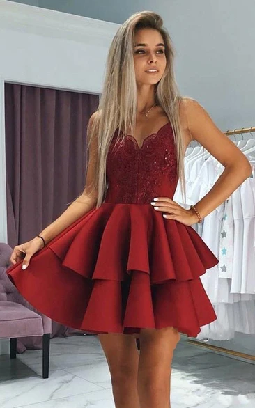 Satin A Line Backless Zipper Sleeveless with Lace and Tiers Homecoming Dress