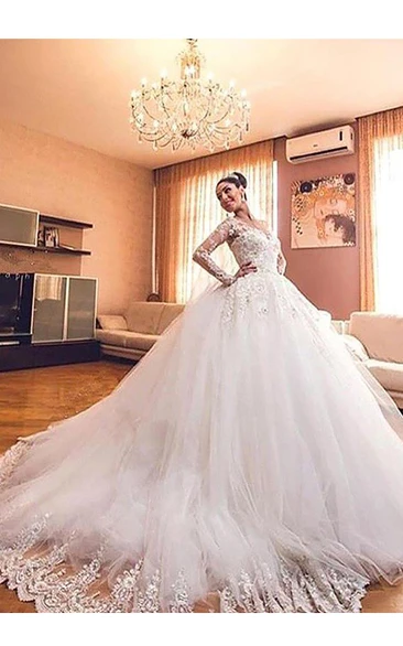 Ball Gown Long Sleeves Lace Tulle V-neck Court Train Wedding Dresses