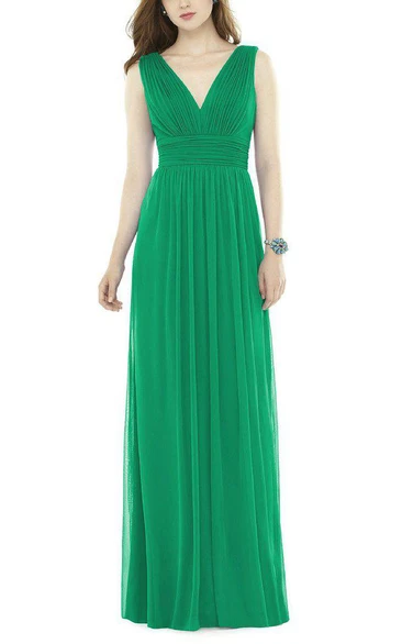 V-neck Ruched Chiffon Long Bridesmaid Dress