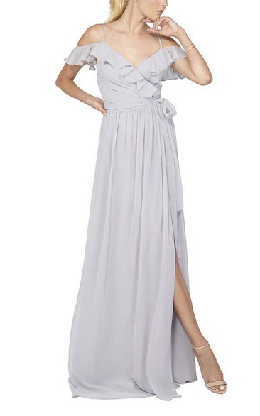 Spagetti Straps Falbala Off-the-shoulder Wrap Chiffon Dress