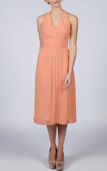 Halter V Neck A-line Chiffon Tea Length Dress With Pleats