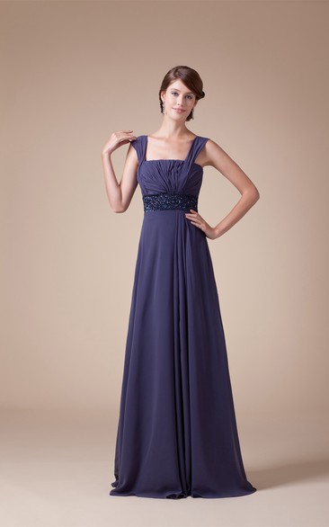 Sleeveless Square Ruched A-Line Gown With Jeweled Empire Waist